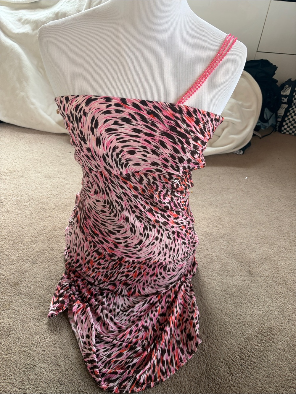 Beautiful Pink Animal Print Strapless Dress With Pink Beaded Strand Straps
